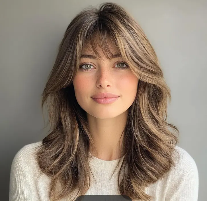 Medium length hair with soft curtain bangs and face framing layers