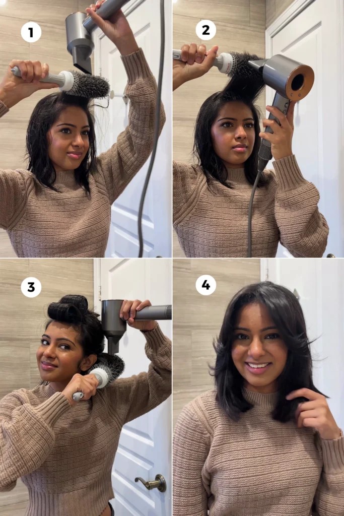 Styling medium hair curtain bangs with a round brush
